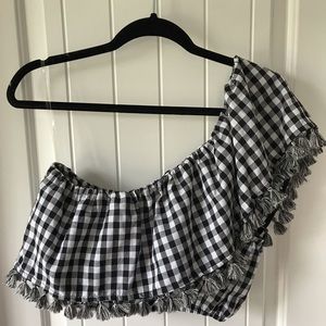Gingham One Shoulder Fringe Crop Top